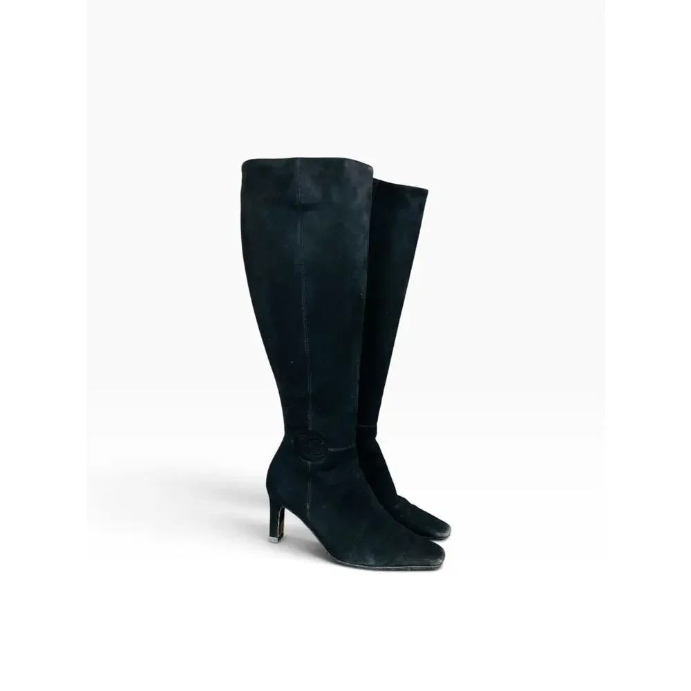 Chanel CC Tall Suede Riding Boots Black Knee High Almond Toe Heels EU 35 2001